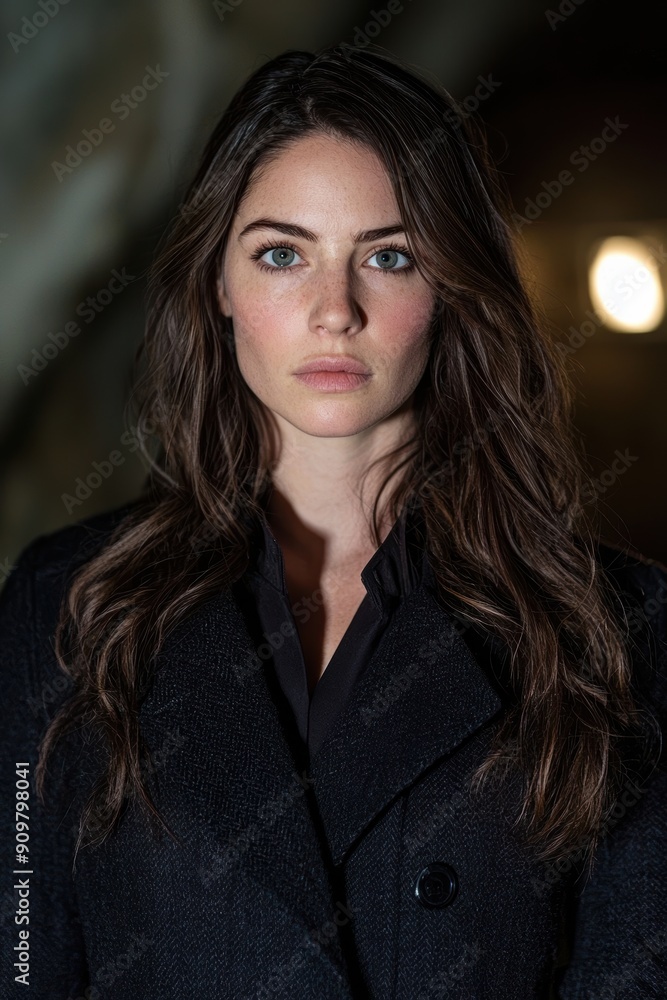 Pensive woman with long dark hair in black coat Pensive woman with long dark hair in black coat