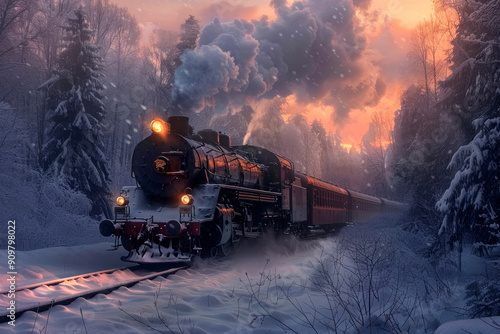 Vintage Steam Locomotive Traveling Through Snowy Forest At Sunset During Winter