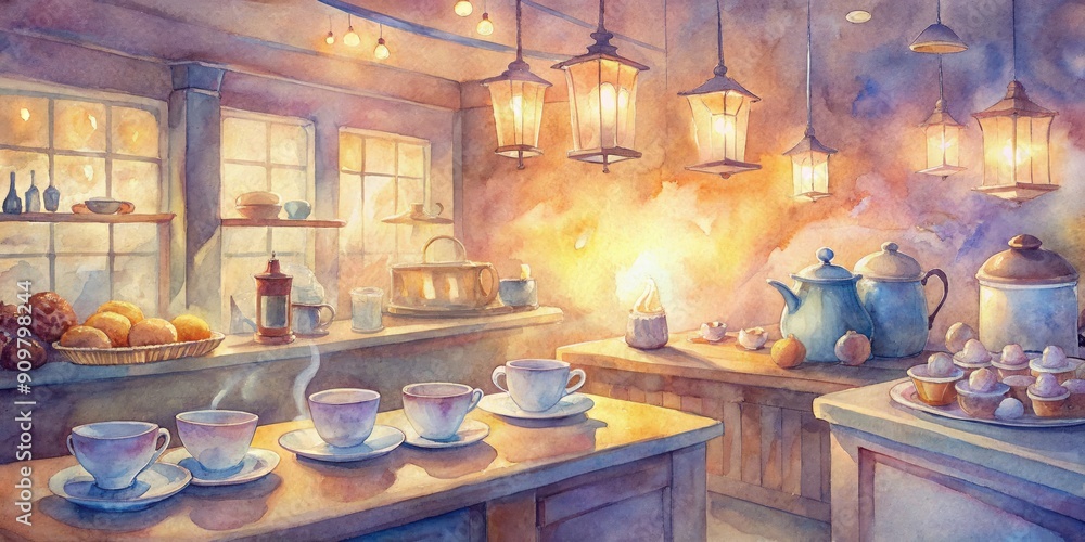 Obraz premium Warmly lit coffee shop ambiance featuring steamy cups and saucers on countertops, with coffee machines and pastry displays, inviting customers to indulge.