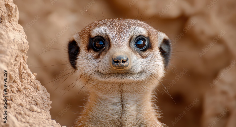 Fototapeta premium Curious meerkat peeking out from behind rock