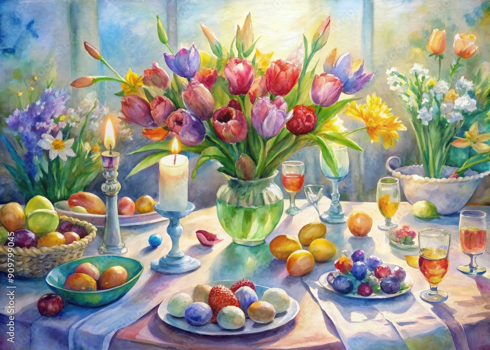 Vibrant spring flowers adorn a beautifully set Easter table with traditional dishes, sparkling glasses, and ornate decorations, evoking a sense of joyful family celebration. Vibrant spring flowers adorn a beautifully set Easter table with traditional dishes, sparkling glasses, and ornate decorations, evoking a sense of joyful family celebration.