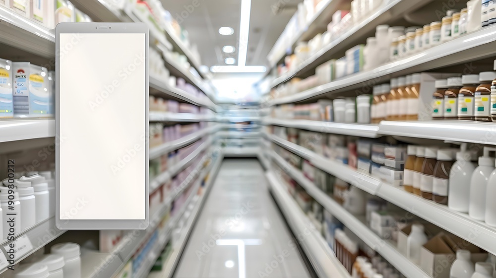 White Tablet Mockup on Pharmacy Shelves White Tablet Mockup on Pharmacy Shelves
