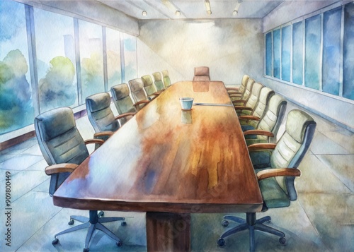 Empty modern conference room with sleek wooden table and leather chairs, focus on a solitary handshake symbolizing successful business partnership and agreement. photo