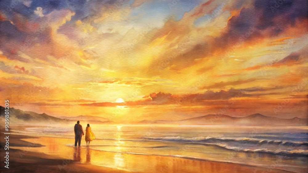 Warm golden light of setting sun casts a romantic glow on empty beach, inviting strollers to cherish timeless moments of togetherness and love. Warm golden light of setting sun casts a romantic glow on empty beach, inviting strollers to cherish timeless moments of togetherness and love.