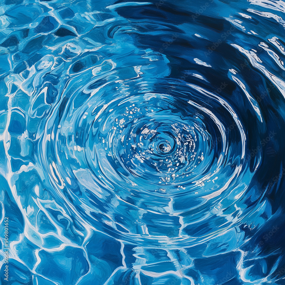 Vivid, textured painting of blue water featuring complex, fractal-like reflections creating concentric ripples capturing the essence of fluidity and movement. Vivid, textured painting of blue water featuring complex, fractal-like reflections creating concentric ripples capturing the essence of fluidity and movement.