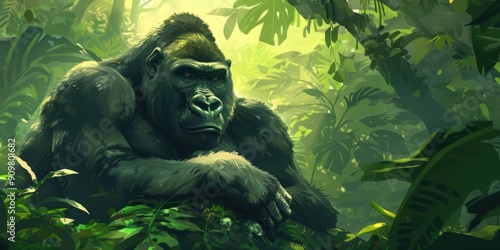 A gorilla finds tranquility within the lush greenery of the forest