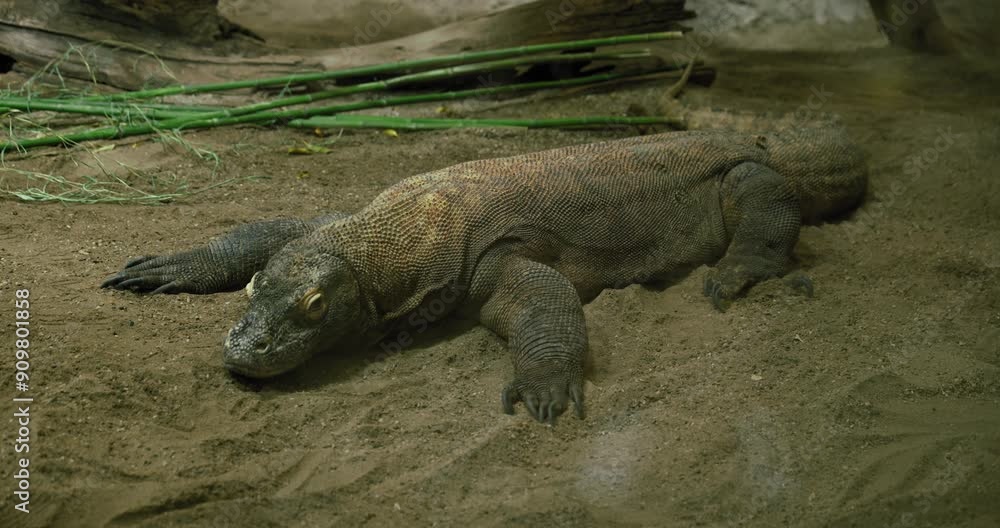 Komodo dragon lying on sandy ground in its enclosure Komodo dragon lying on sandy ground in its enclosure