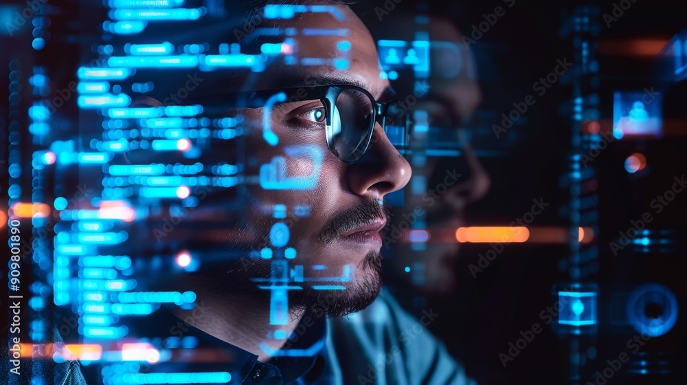 Focused Man Analyzing Data on Computer Screen with Futuristic Digital Interface Focused Man Analyzing Data on Computer Screen with Futuristic Digital Interface