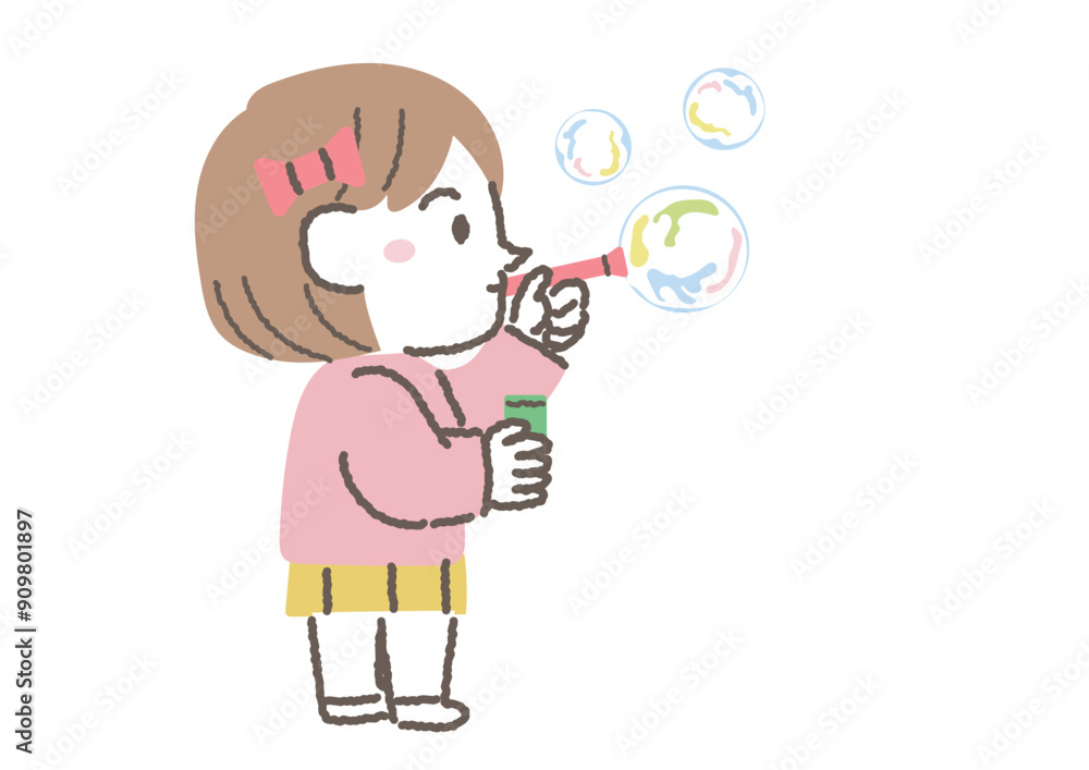 シャボン玉で遊ぶ女の子のイラスト
