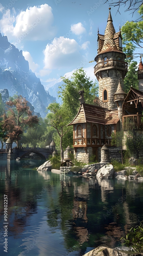 Fantasy Stone House Near Mountain Lake Fantasy Stone House Near Mountain Lake