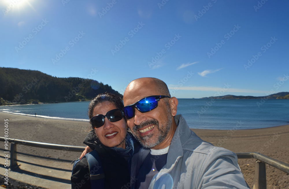 an adult couple taking a selfie tourism in southern chile an adult couple taking a selfie tourism in southern chile
