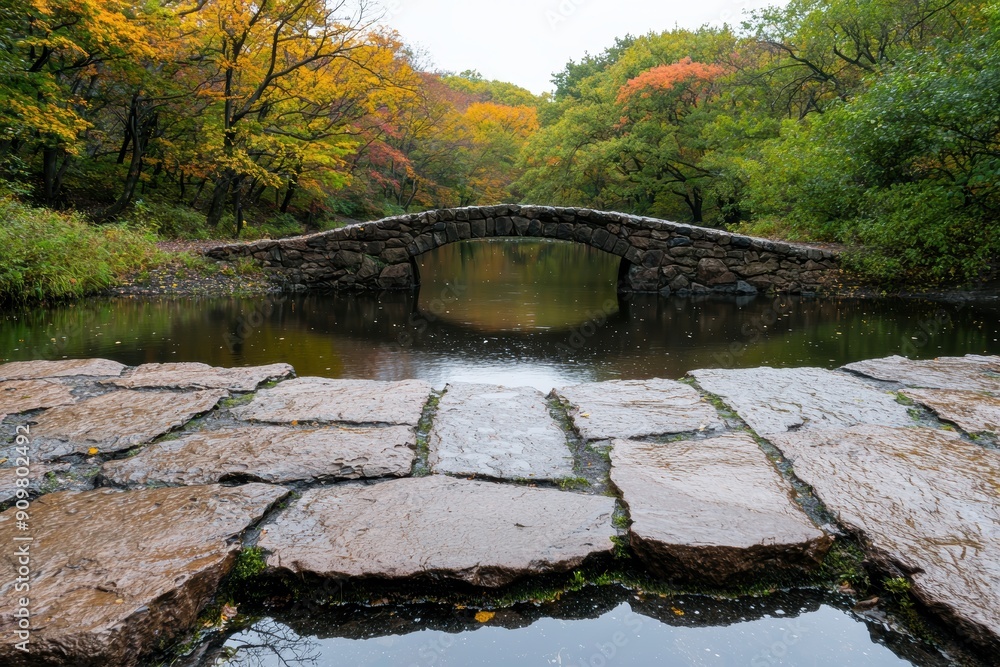 Fototapeta premium Scenic autumn landscape with stone bridge over pond