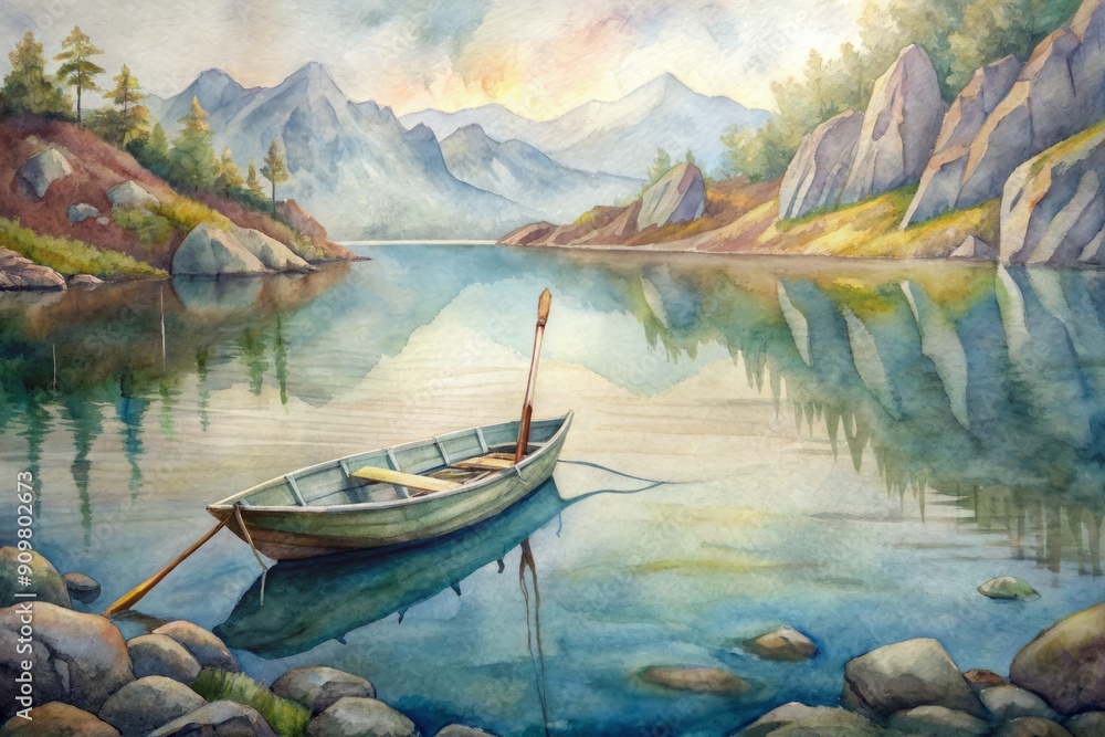 A serene lake scene with an empty wooden boat drifting near the rocky shore, fishing rods and tackle laid out, waiting for occupants. A serene lake scene with an empty wooden boat drifting near the rocky shore, fishing rods and tackle laid out, waiting for occupants.