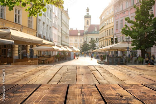 Wood table top podium floor in a bustling market square background photo