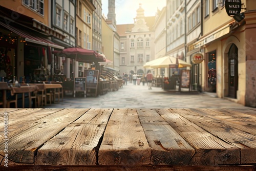 Wood table top podium floor in a bustling market square background