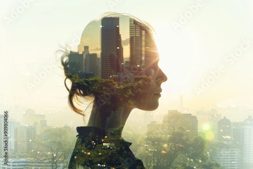 Professional woman in a double exposure with urban landscape.