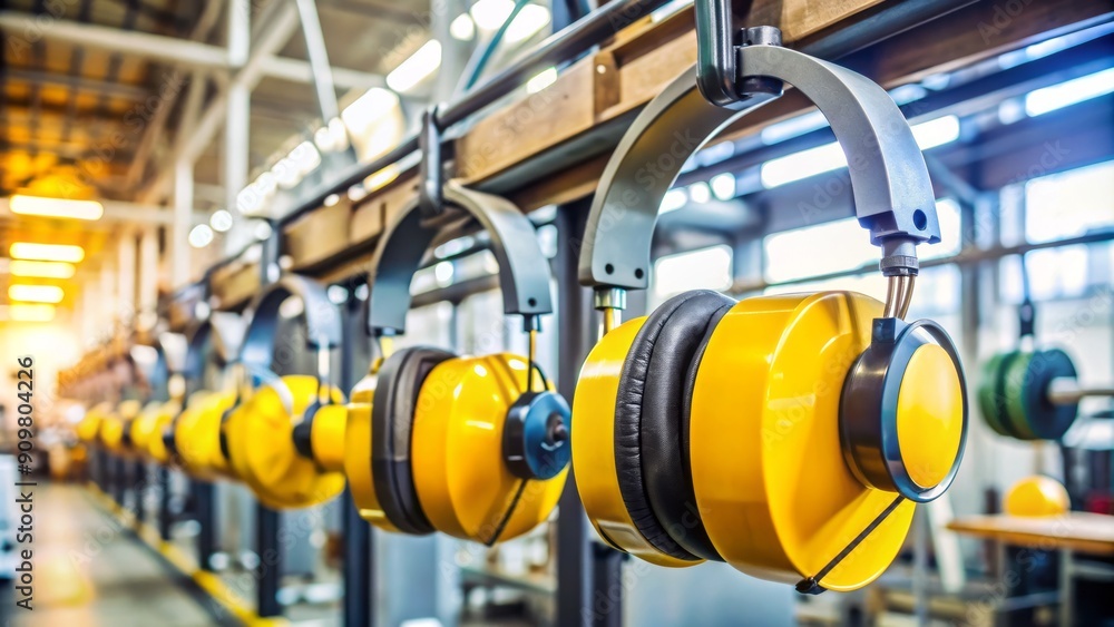 Yellow protective ear muffs suspended on machines in industrial settings, emphasizing vital personal protective equipment for operator safety in loud work environments. Yellow protective ear muffs suspended on machines in industrial settings, emphasizing vital personal protective equipment for operator safety in loud work environments.
