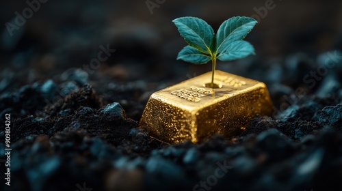 Green plant growing from a gold bar in the soil, symbolizing economic growth, investment, and sustainability.