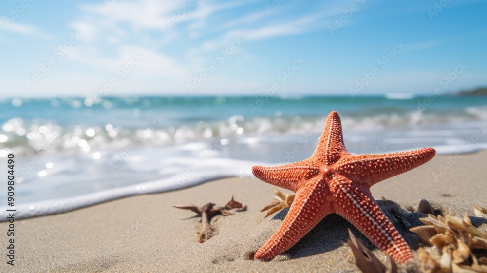 Tropical beach with sea star in sand close up. Neural network ai generated art Tropical beach with sea star in sand close up. Neural network ai generated art