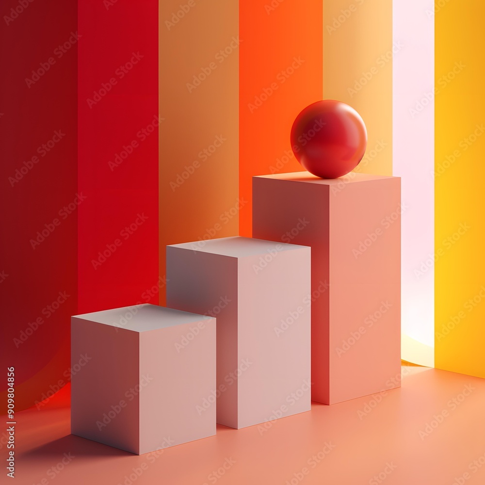 Abstract Minimalist 3D Rendering of Red Sphere on White and Orange Cubes Abstract Minimalist 3D Rendering of Red Sphere on White and Orange Cubes