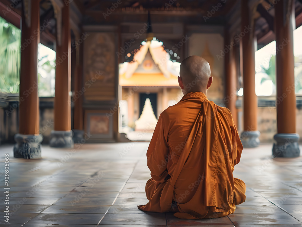 Peaceful monk meditating in a traditional Buddhist setting, surrounded by tranquil greenery and orange decor. Peaceful monk meditating in a traditional Buddhist setting, surrounded by tranquil greenery and orange decor.
