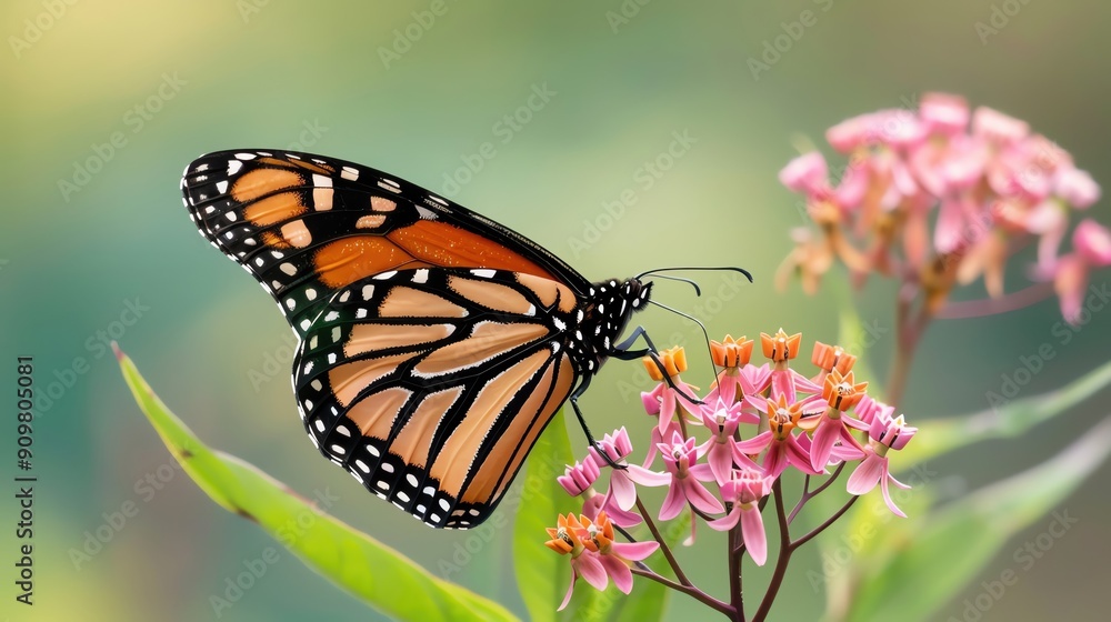 Close-up of a monarch butterfly feeding on milkweed, showcasing the symbiotic relationship, monarch butterfly milkweed, ecology, wildlife interaction Close-up of a monarch butterfly feeding on milkweed, showcasing the symbiotic relationship, monarch butterfly milkweed, ecology, wildlife interaction