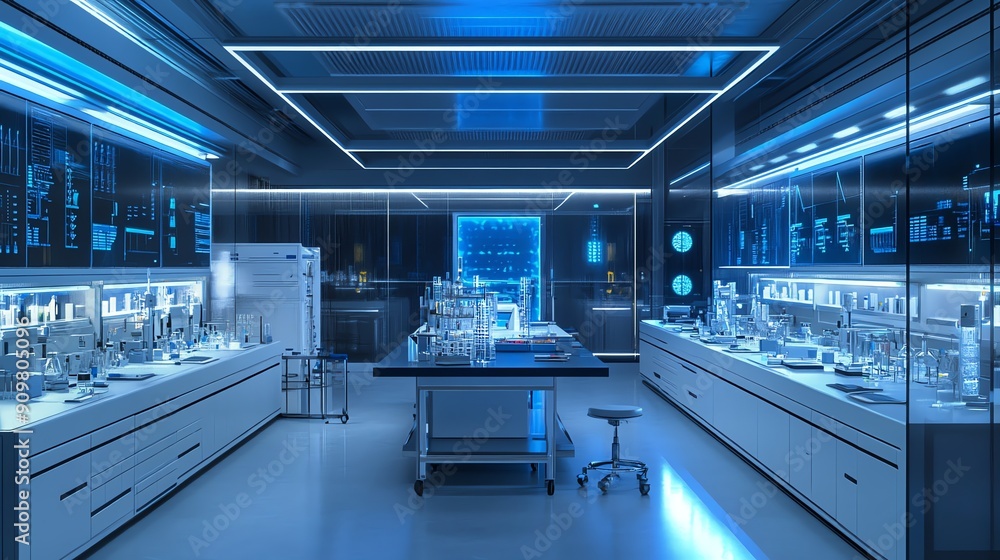 Obraz premium Modern laboratory interior with blue lighting.
