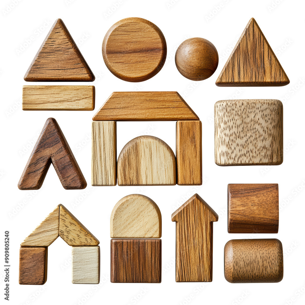 A collection of assorted wooden building blocks in various shapes, including triangles, squares, circles, and rectangles, arranged aesthetically A collection of assorted wooden building blocks in various shapes, including triangles, squares, circles, and rectangles, arranged aesthetically