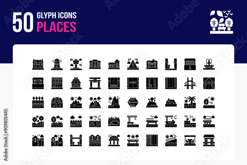 Set of 50 Places icons related to Castle, Lighthouse, Tower, Mansion Glyph Icon collection