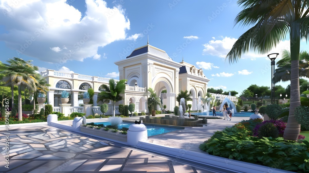 Obraz premium Luxury Resort Entrance with Fountain and Palm Trees