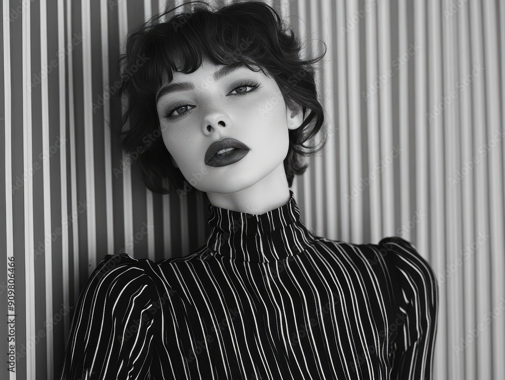Φωτογραφία Black and white portrait of young brunette woman, lady with pouty lips wearing s
