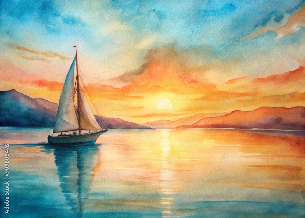 Φωτογραφία Serene sailboat glides across calm turquoise waters as vibrant orange sunset casts warm glow on deck, evoking sense of romantic adventure and freedom