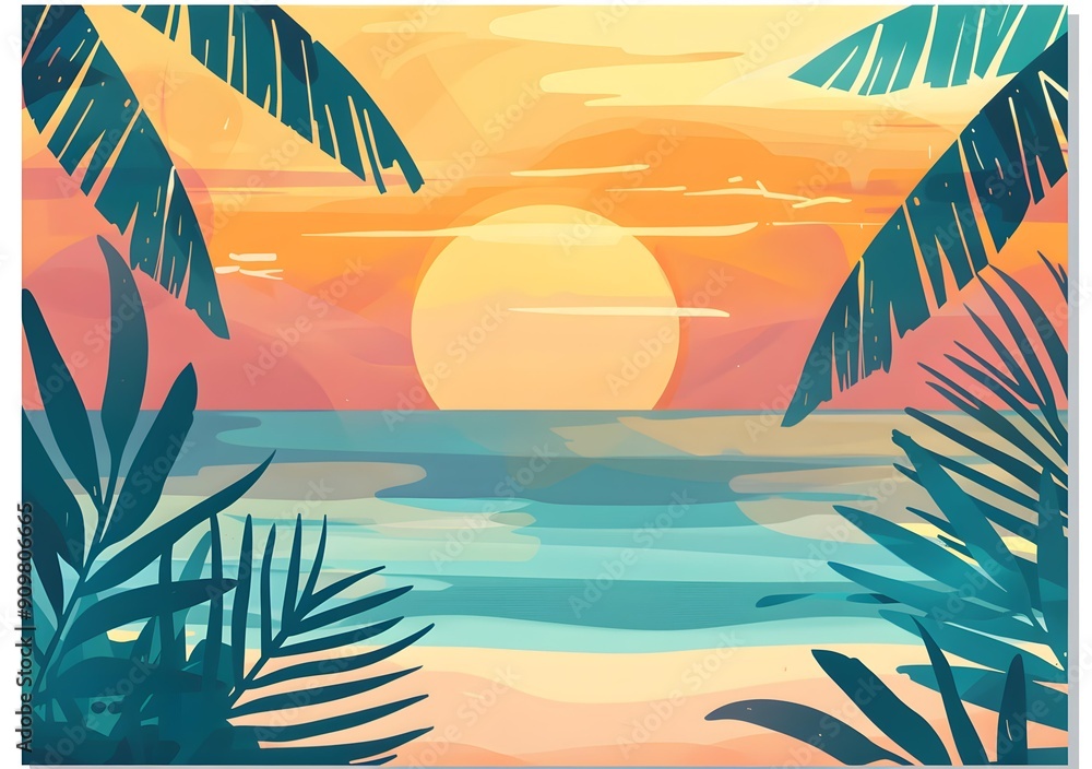 Tropical Sunset Beach Landscape Illustration Tropical Sunset Beach Landscape Illustration