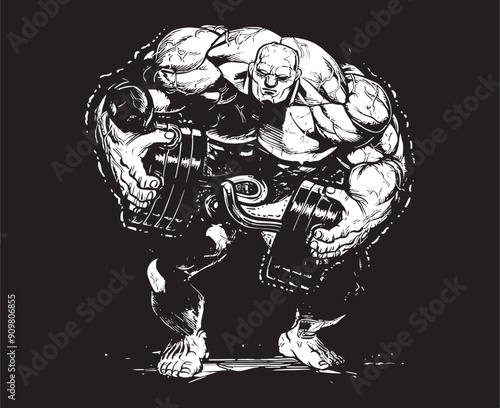 Evil Jinn Heaviest Bodybuilder Weight Lifter folding the Dumbbells Rod in both hands Clipart Art Vector for T-shirts and Wall Decal Workout Athletic Gym Muscle Logo Fitness Beast Barbell Healthy Wall