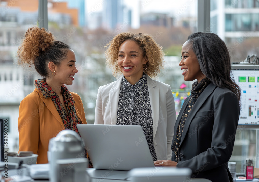 Portrait of three smiling colleagues, dark skin women standing together at table with laptop and talking during meeting in office on background of city downtown