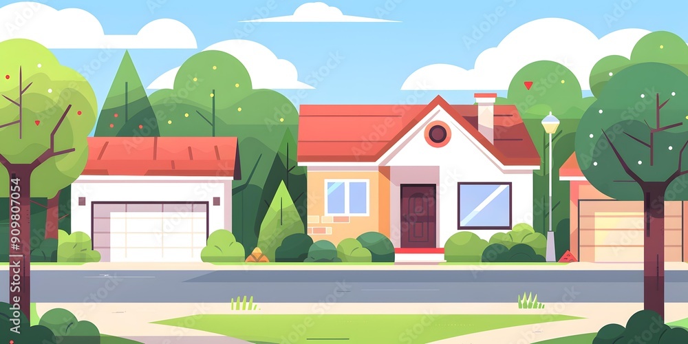 Fototapeta premium Green Trees House Yard Illustration