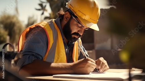 engineer in helmet and safety vest writing something with pencil. photo