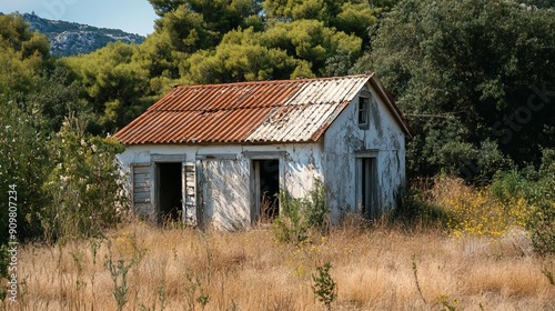 A whitewashed, tin-roofed abandoned cottage in a Greek village. photo