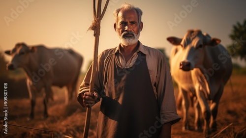 farmer standing with arms crossed and holding sickle for wheat harvested by cow near cowshed. photo