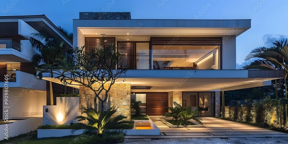 Obraz premium Modern Two Story House with Stone Walls and Palm Trees