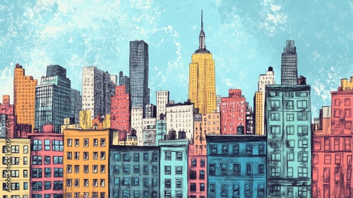 Wallpaper Mural Hand-drawn city skyline illustration, with detailed buildings and a vibrant background. Torontodigital.ca