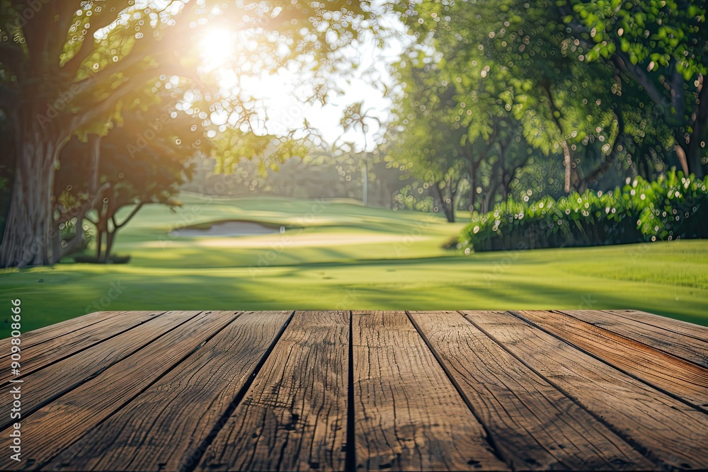 Wood table top podium floor in a lush green golf course background Wood table top podium floor in a lush green golf course background