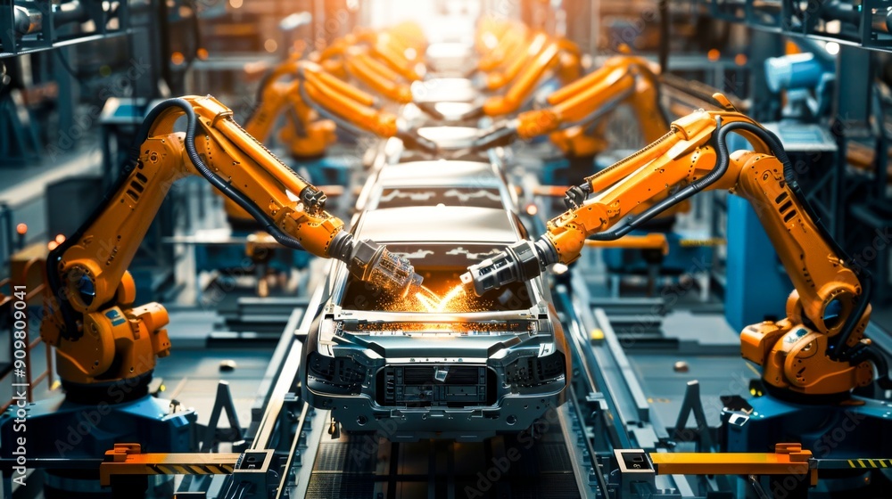 Automated robot arms in a car factory, industrial technology in automobile production. Automated robot arms in a car factory, industrial technology in automobile production.