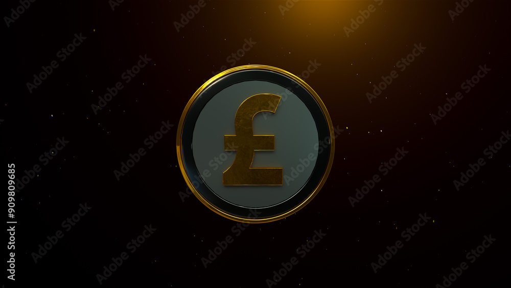A golden British pound symbol centered on a round, metallic background with sparkling grains of glitter dust in the surrounding dark space A golden British pound symbol centered on a round, metallic background with sparkling grains of glitter dust in the surrounding dark space