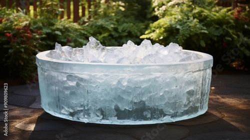 Ice cubes in a bath tub in the garden with green plants and trees
