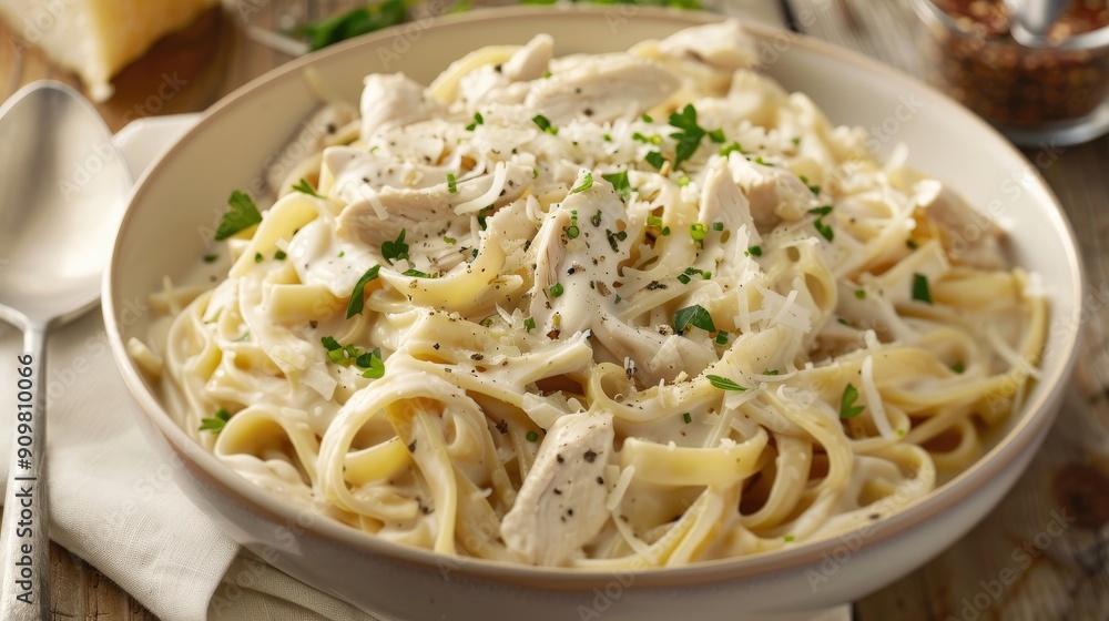 A bowl filled with creamy chicken Alfredo and fettuccine pasta topped with herbs, ready to be enjoyed in a cozy atmosphere A bowl filled with creamy chicken Alfredo and fettuccine pasta topped with herbs, ready to be enjoyed in a cozy atmosphere