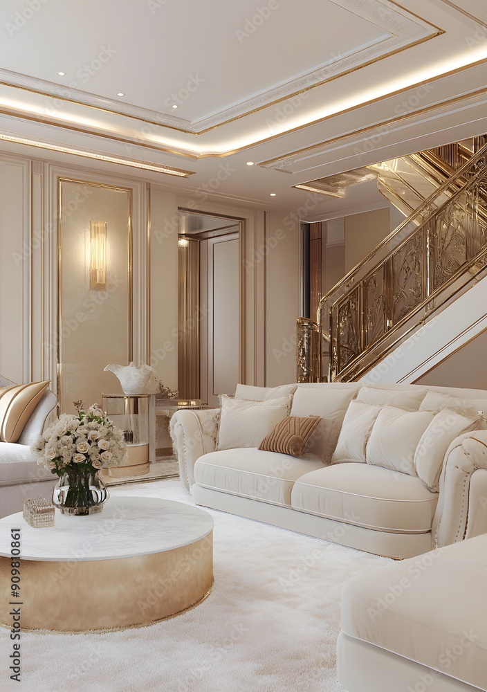 Luxury Living Room Interior Design with White Sofa and Golden Staircase Luxury Living Room Interior Design with White Sofa and Golden Staircase