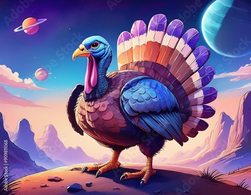 Cartoon turkey on the moon in the night
