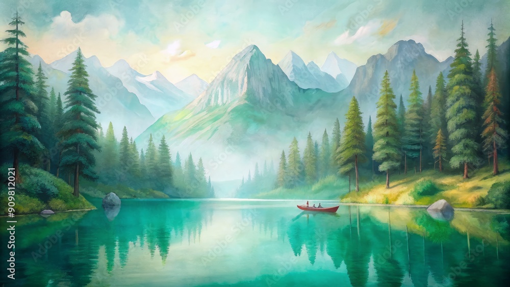 Serene landscape photograph of a solitary kayak drifting on tranquil turquoise water surrounded by lush green forest and majestic mountain peaks at dawn. Serene landscape photograph of a solitary kayak drifting on tranquil turquoise water surrounded by lush green forest and majestic mountain peaks at dawn.