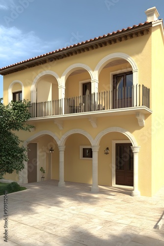 Yellow Building with Arches and Balcony